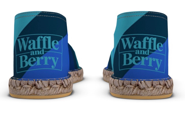 Cobalt Current Espadrilles rear view showing Waffle and Berry heel logos; cropped supplier preview screenshot.
