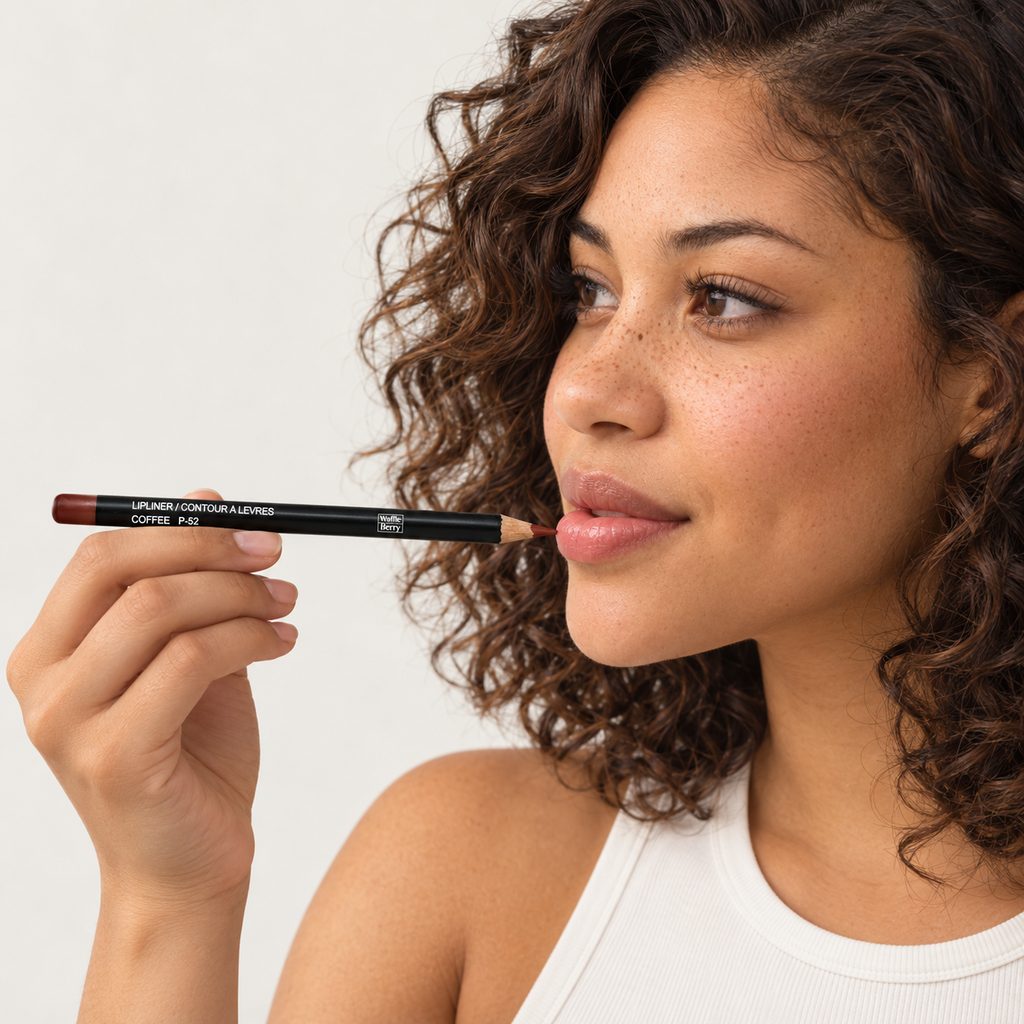 AI editorial illustration: Malia in a Coffee P-52 lip liner application pose; not a shade-payoff or performance demonstration.