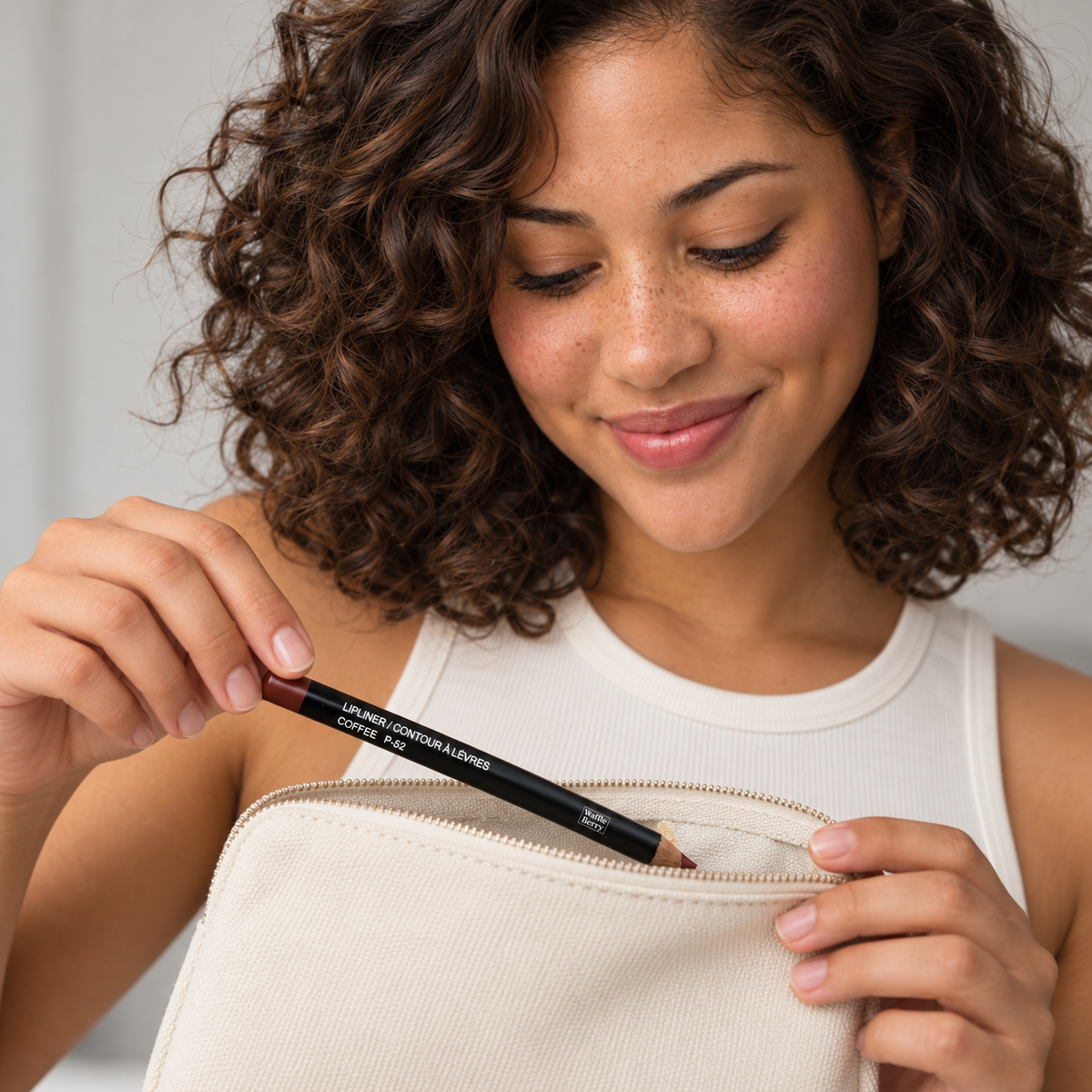 AI editorial illustration: Malia with Coffee P-52 lip liner, pouch scene; not a shade-payoff or performance demonstration.