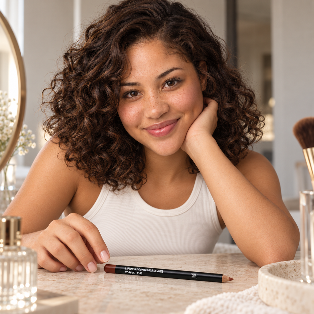AI editorial illustration: Malia with Coffee P-52 lip liner, vanity scene; not a shade-payoff or performance demonstration.