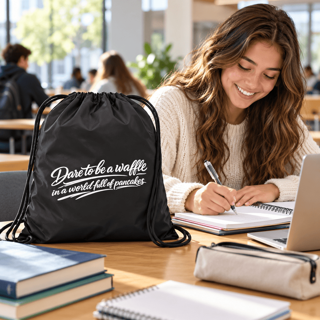 Black Dare Bag Me drawstring bag beside school books and a laptop