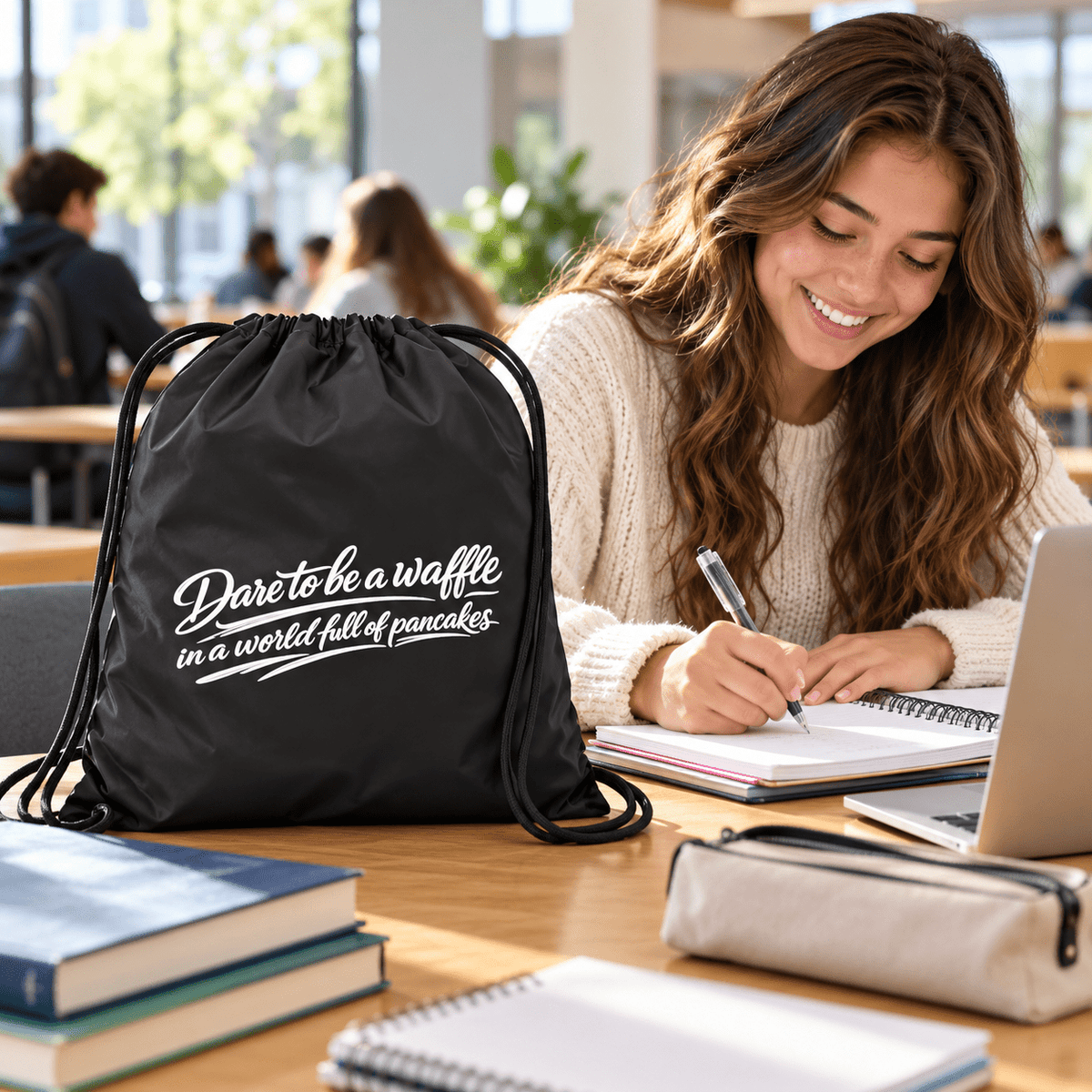 Black Dare Bag Me drawstring bag beside school books and a laptop