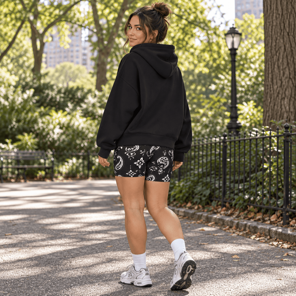 Back view of Waffle and Berry Hoodie with paisley shorts