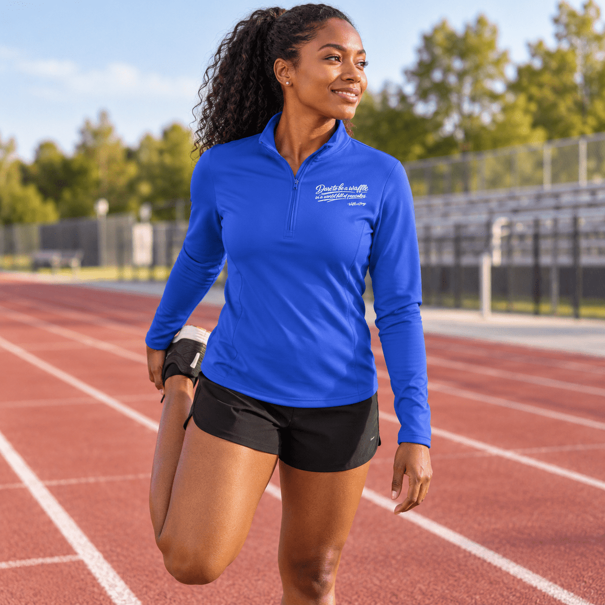 Dare Active royal blue quarter zip, athlete stretching