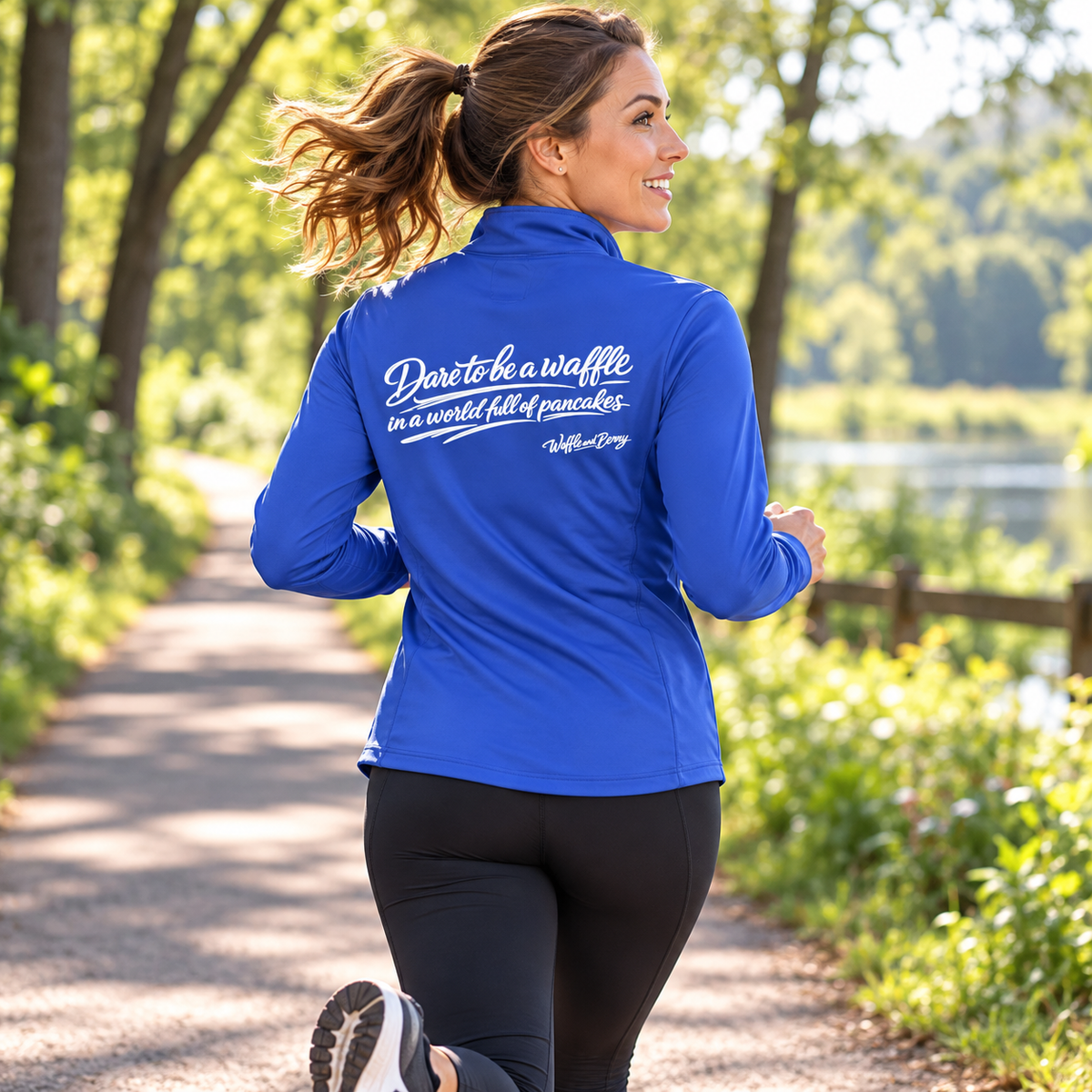 Dare Active royal blue quarter zip, runner back view