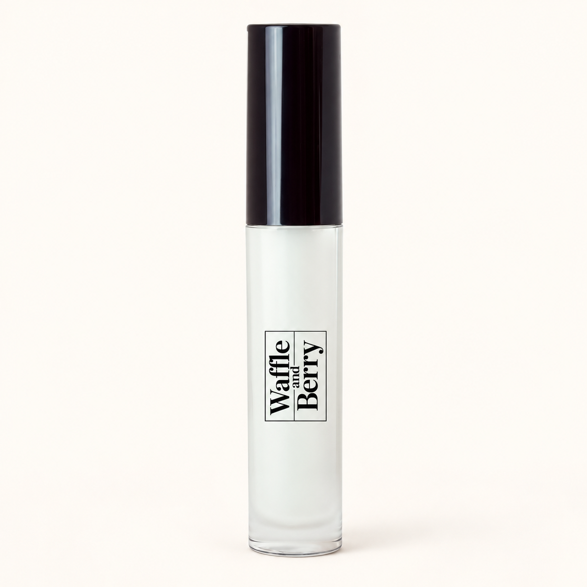 AI-assisted close product-only packaging illustration of Waffle and Berry Clear lip gloss.