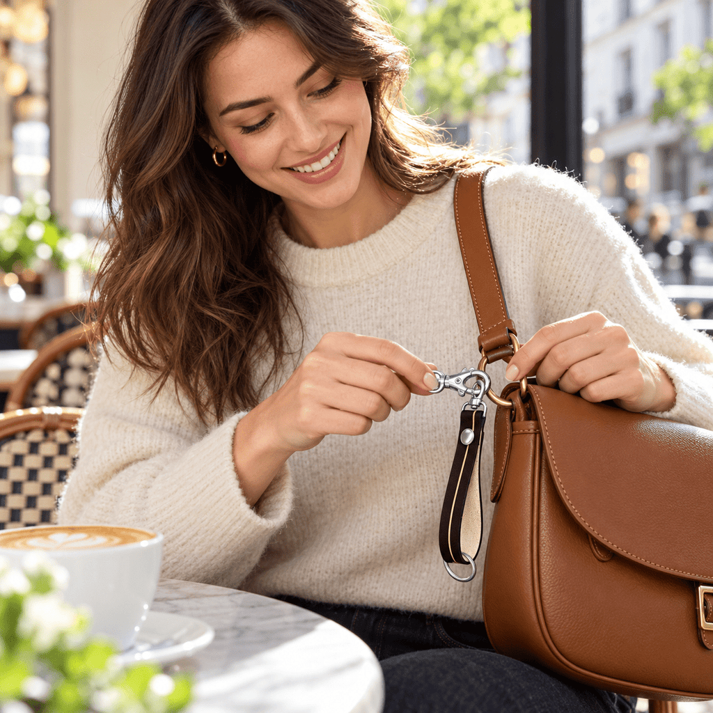 Woman clipping strap keychain to handbag