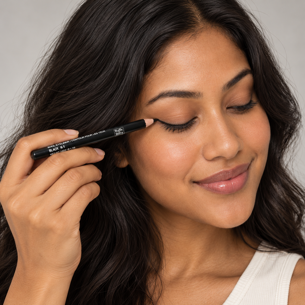 AI editorial application illustration of Leilani using Black K-1 eyeliner along the outer upper lash line; not proof of shade payoff or performance.