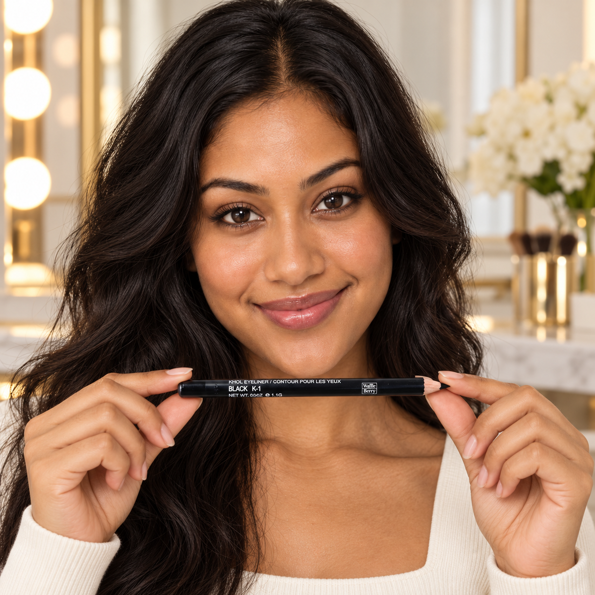 AI editorial illustration of approved fictional model Leilani holding Black K-1 kohl eyeliner at a vanity.