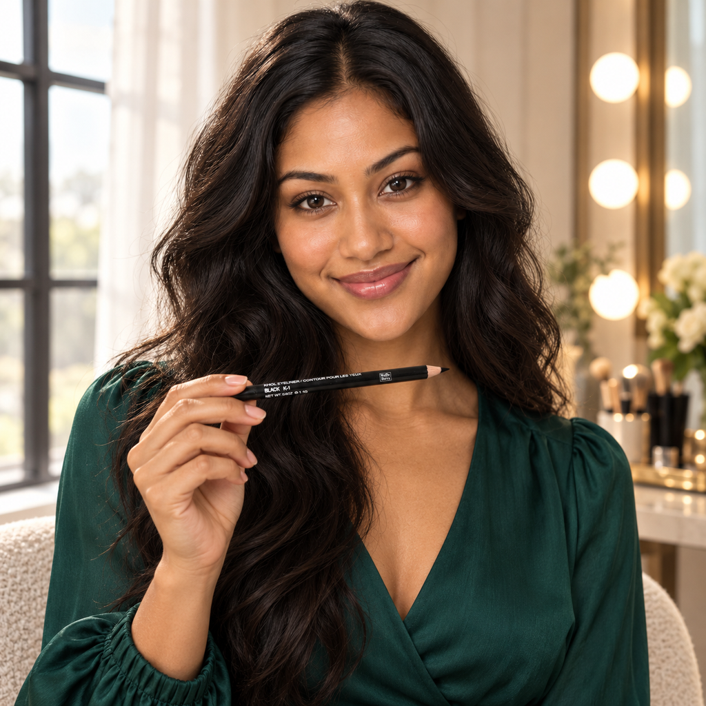 AI editorial lifestyle illustration of Leilani holding Black K-1 kohl eyeliner while getting ready.