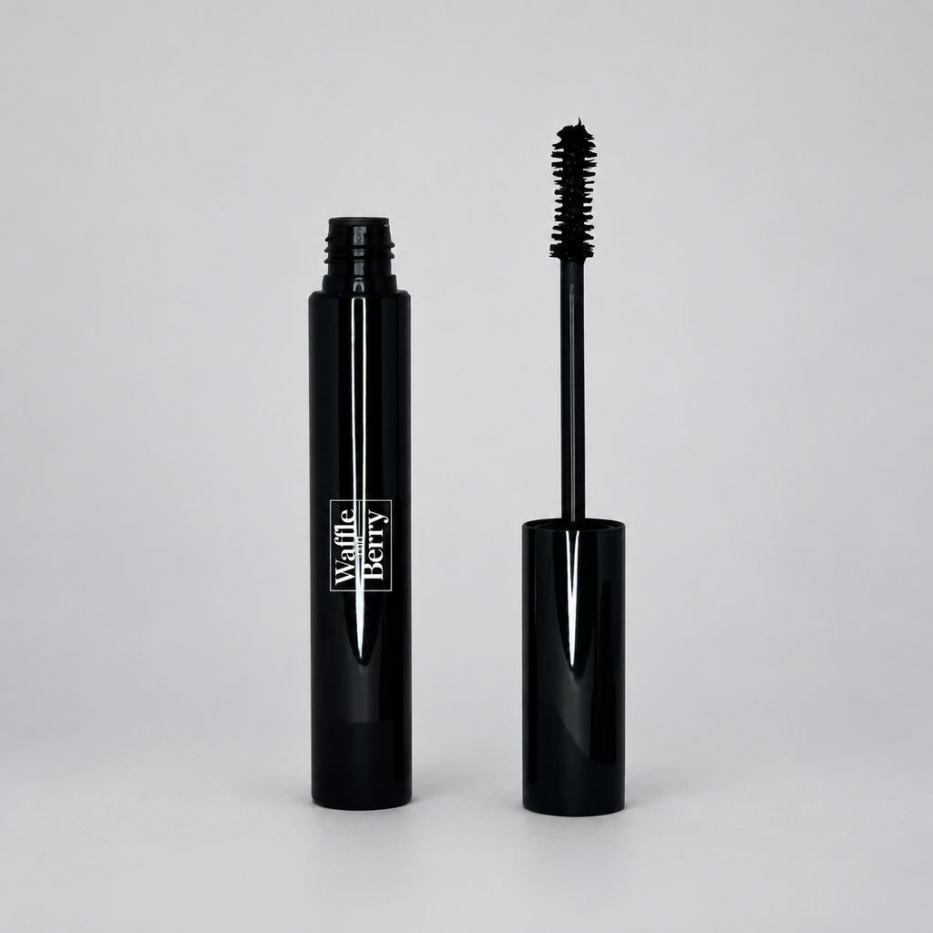 AI-assisted studio illustration of Waffle and Berry mascara tube and applicator; original supplier photos remain the packaging reference.