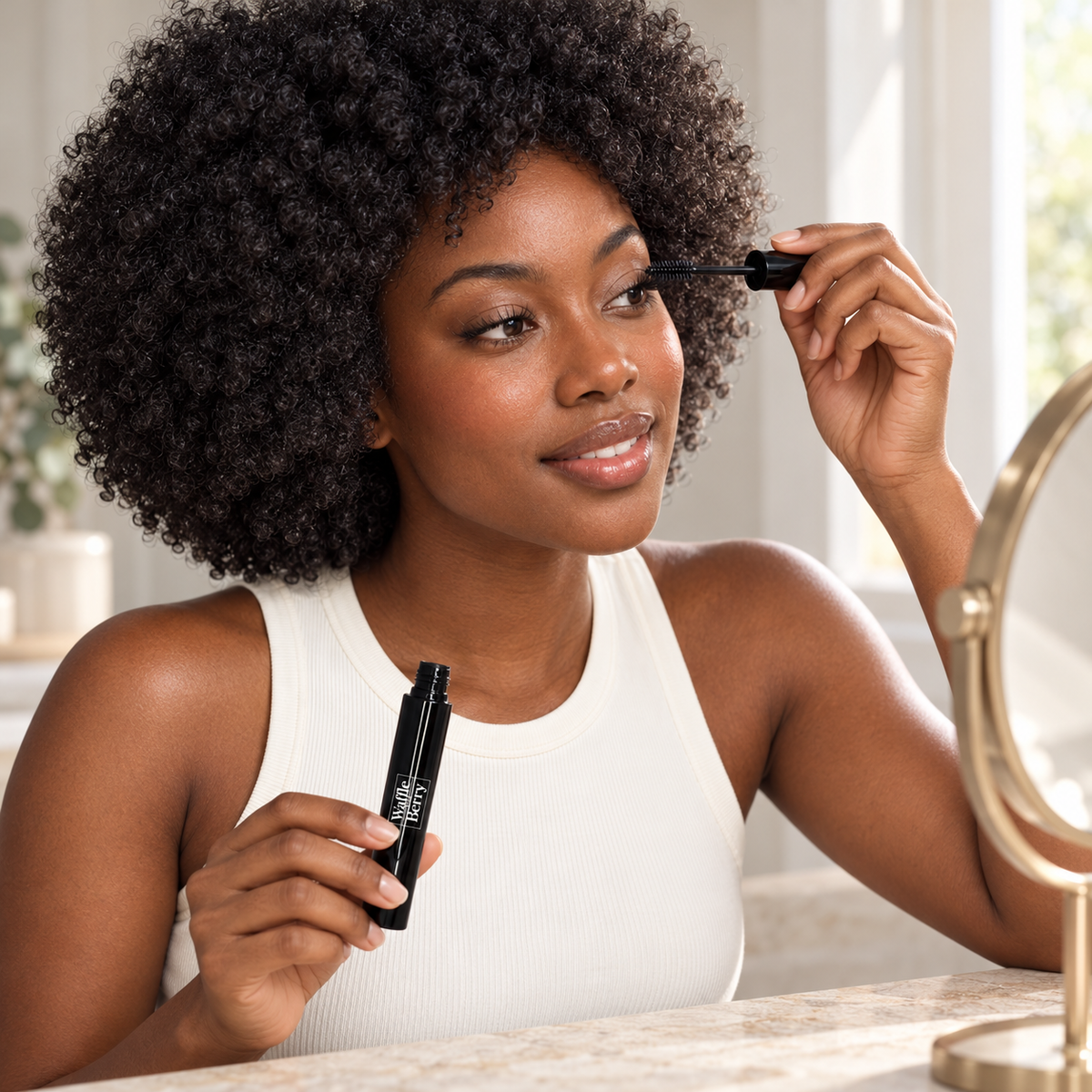 AI-generated illustrative application scene with fictional model Simone and Waffle and Berry mascara; not evidence of product results.