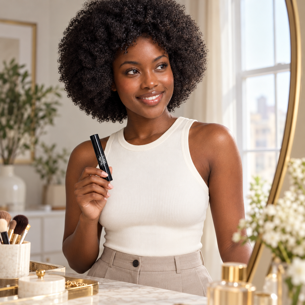 AI-generated editorial illustration of fictional model Simone holding Waffle and Berry mascara at a dressing table; not evidence of product performance.