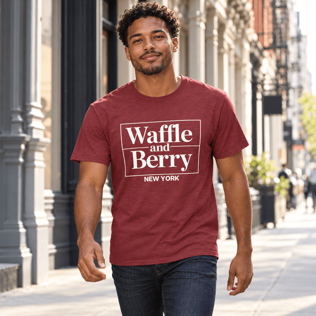 Illustrative model wearing the Antique Cherry Red Waffle and Berry NEW YORK T-shirt on a city sidewalk.