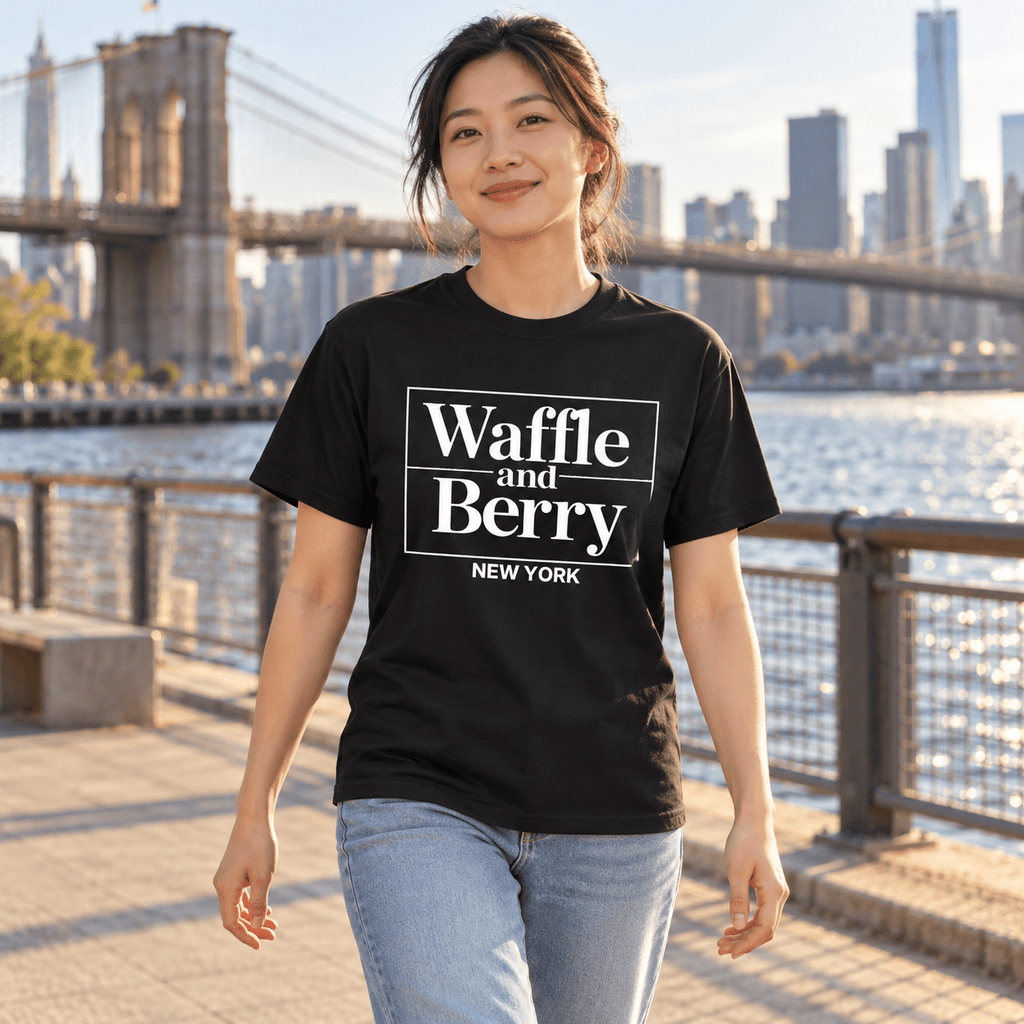 Illustrative model wearing the black Waffle and Berry NEW YORK T-shirt by the New York waterfront.