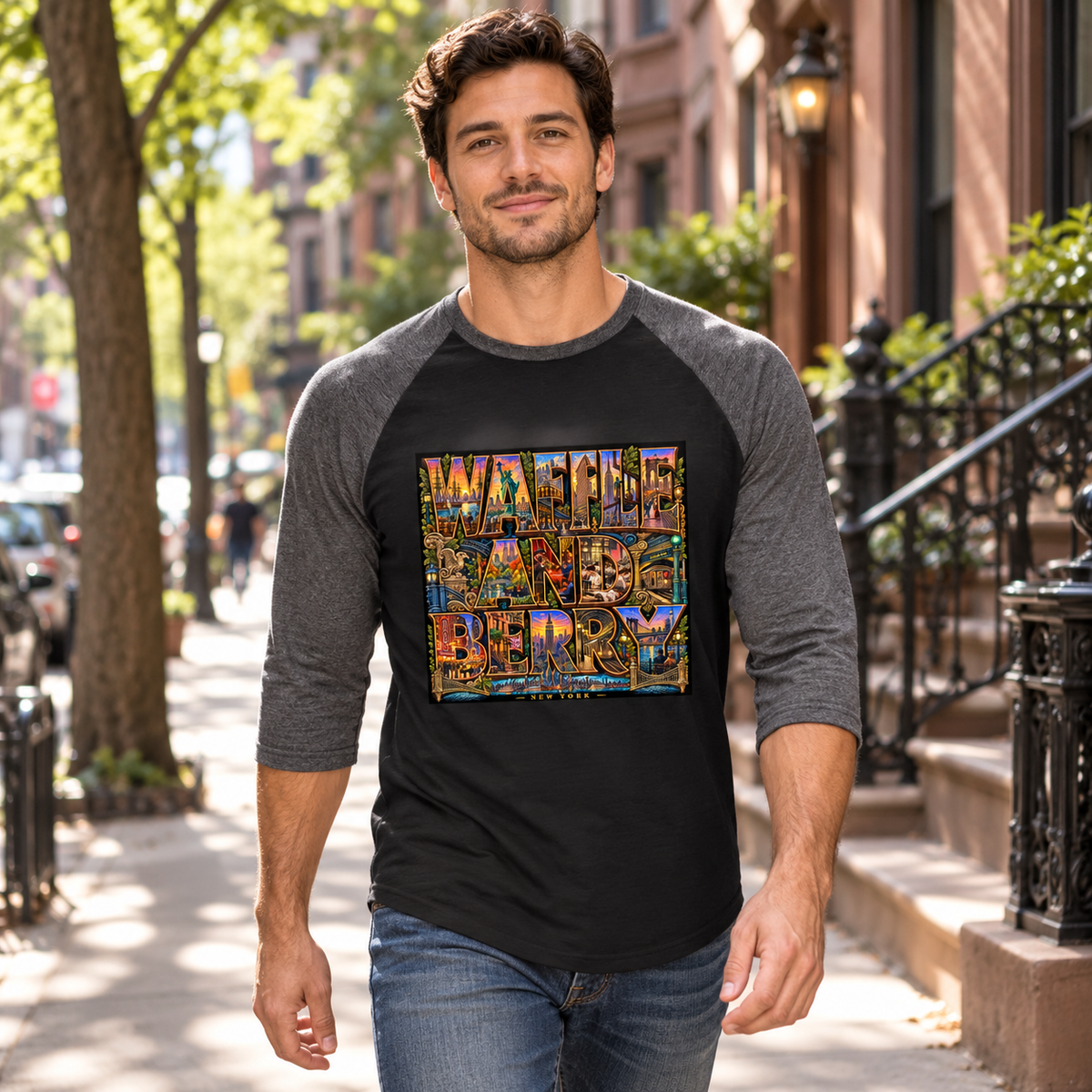 Illustrative model wearing the Black/Heather Charcoal New York Wins raglan shirt on a sunlit New York sidewalk, front view.