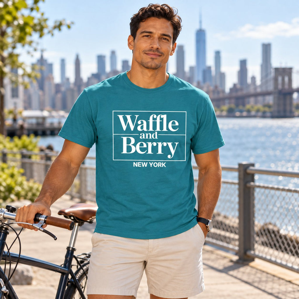 Illustrative model wearing the Galapagos Blue Waffle and Berry NEW YORK T-shirt on a New York waterfront with a bicycle.