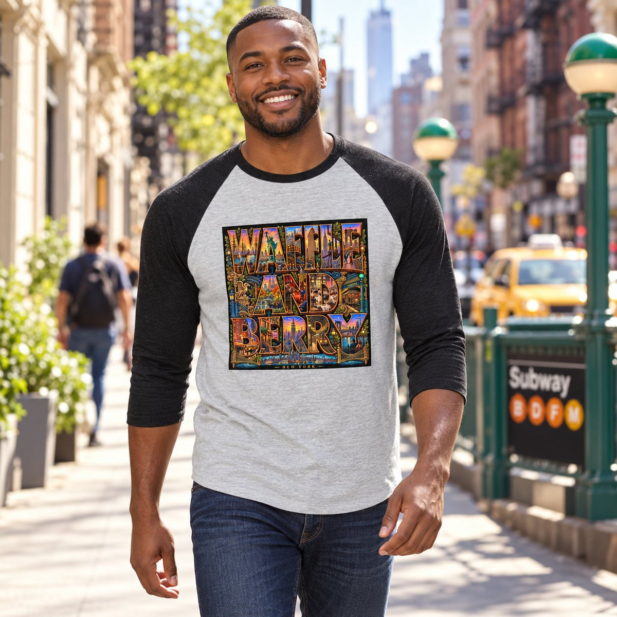Illustrative model wearing the Heather Grey/Black New York Wins raglan shirt on a New York street, front view.