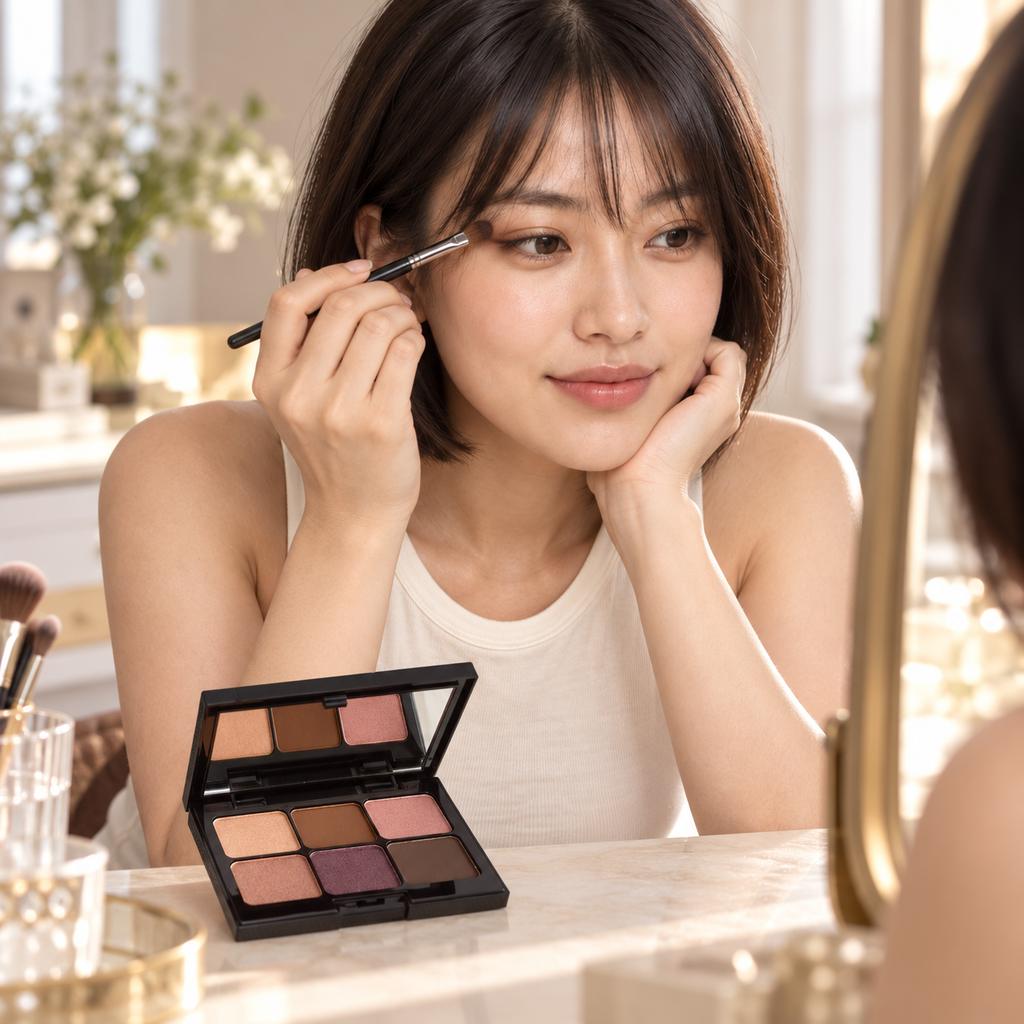 AI-generated editorial illustration of fictional model Mei in an eyeshadow application pose with the Sweet Almond palette; not evidence of shade payoff or performance. Brush is a styling prop.