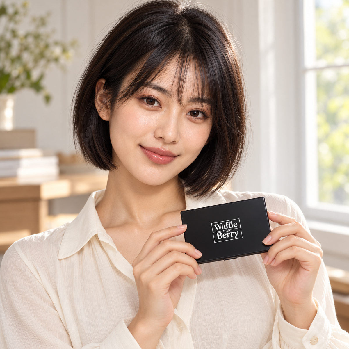 AI-generated editorial illustration of fictional model Mei holding the closed Waffle and Berry Sweet Almond palette.