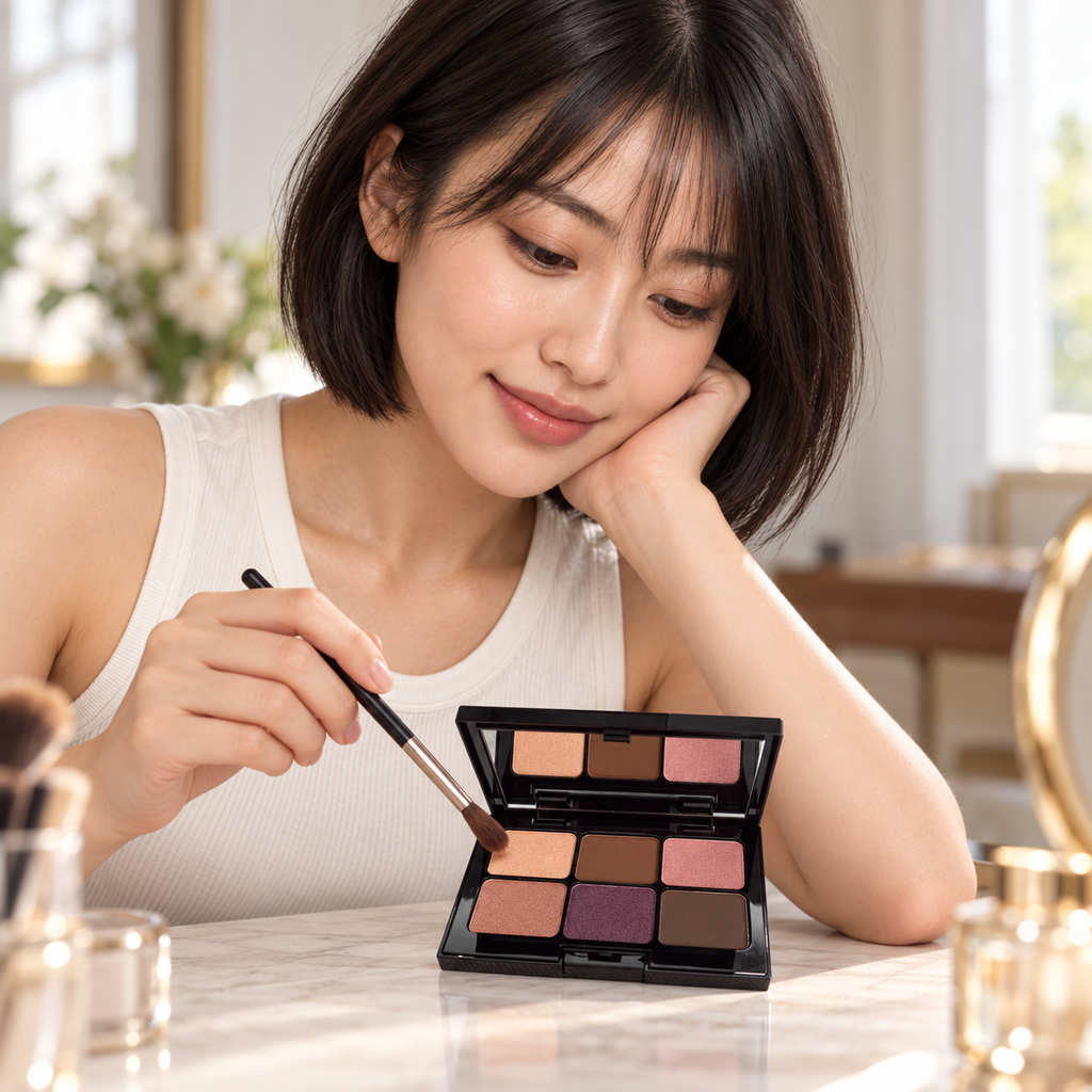 AI-generated editorial illustration of fictional model Mei selecting a shade from Sweet Almond; consult authentic supplier images for color reference. Brush not included.