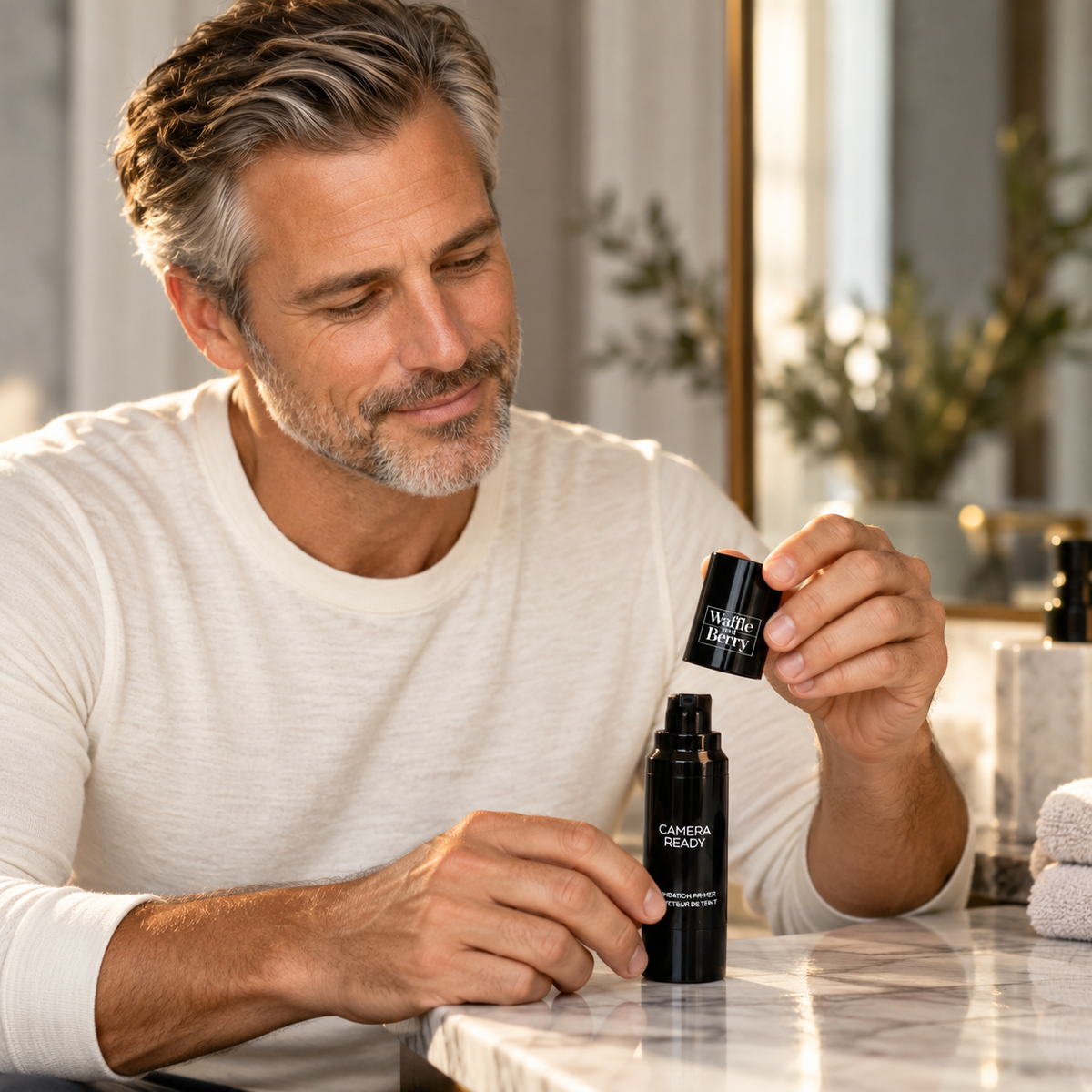 AI-generated editorial illustration of fictional model Grant with Clear Foundation Primer, vanity scene; not proof of cosmetic results. Props not included.