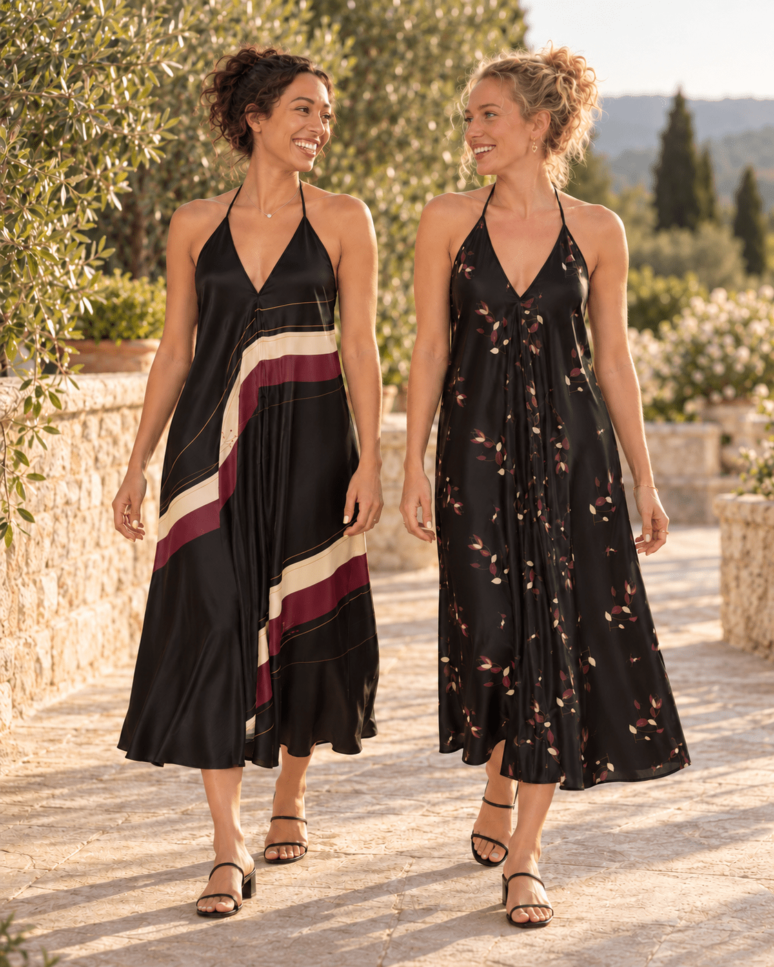 AI styling preview: sisters wearing Nocturne Ribbons and Evening Petals midi halterneck dresses. Illustrative fit and print placement; refer to original supplier product views and size guides.