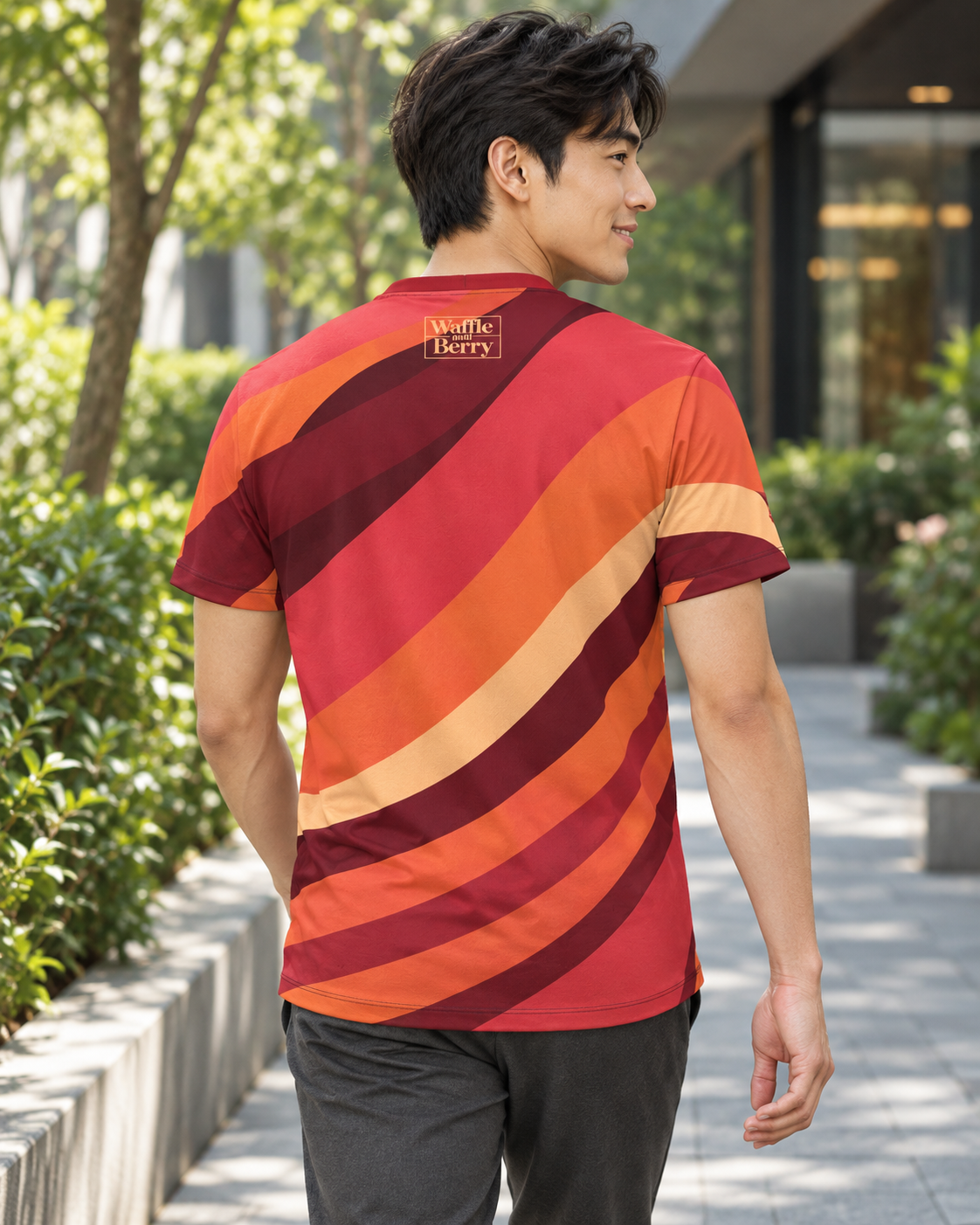 AI-generated lifestyle illustration of Solar Current men's T-shirt, back view showing peach Waffle and Berry box logo.