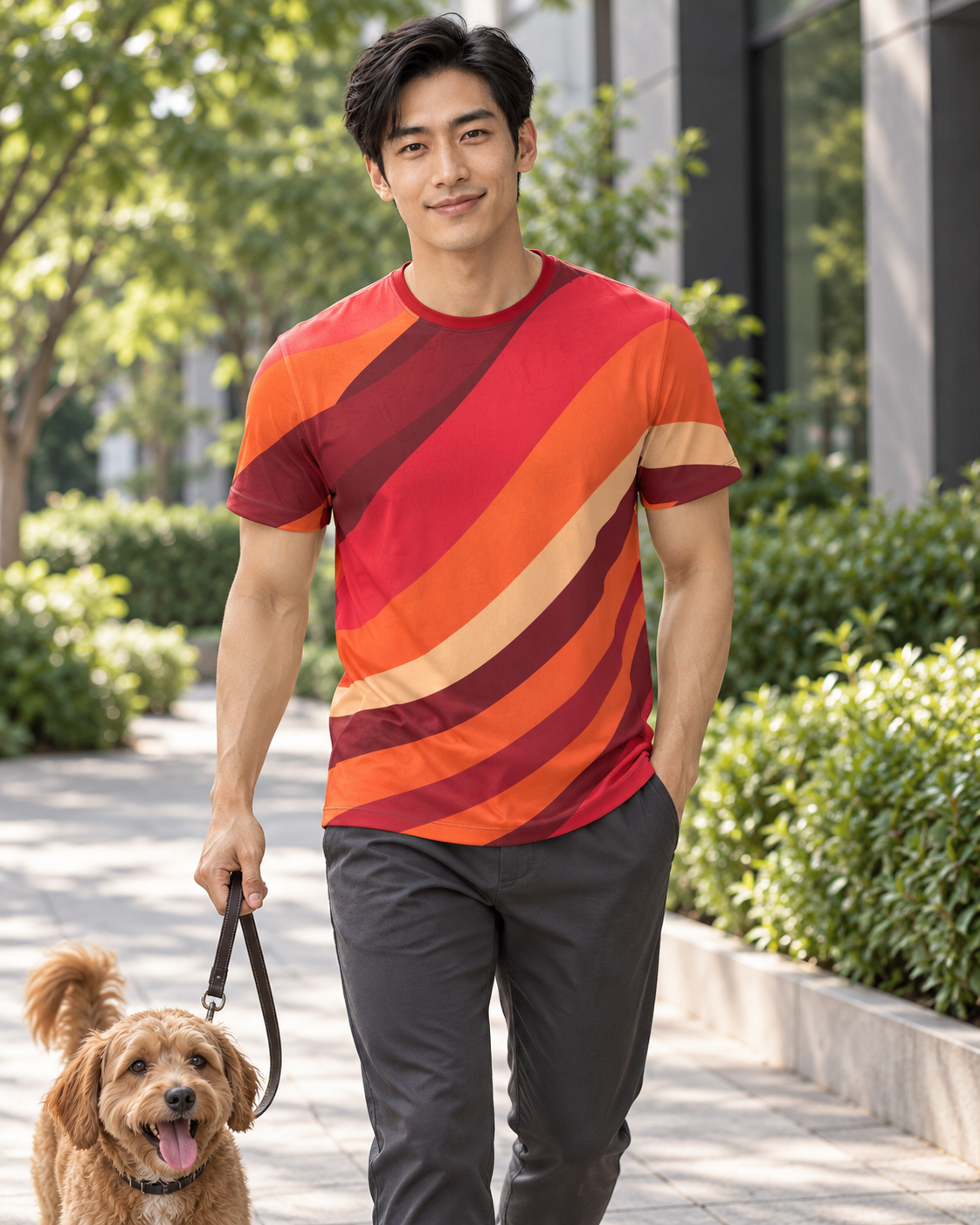AI-generated lifestyle illustration of Solar Current men's T-shirt, front view on a model walking a dog outdoors.