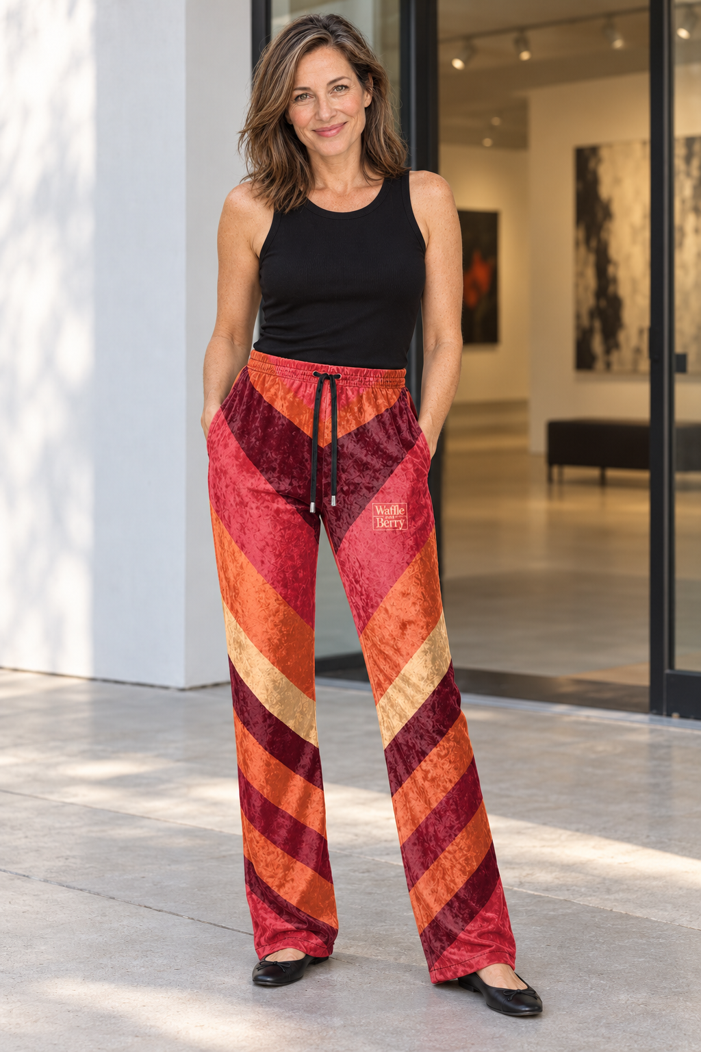 AI-generated editorial illustration of claire wearing Solar Current women's crushed-velour pants; gallery view. Styling pieces not included.