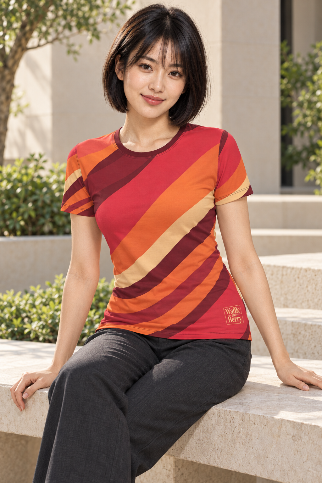 AI styling illustration: fictional cast model Mei seated in the Solar Current women's T-shirt, showing the untucked hem and natural seated drape with plain trousers.
