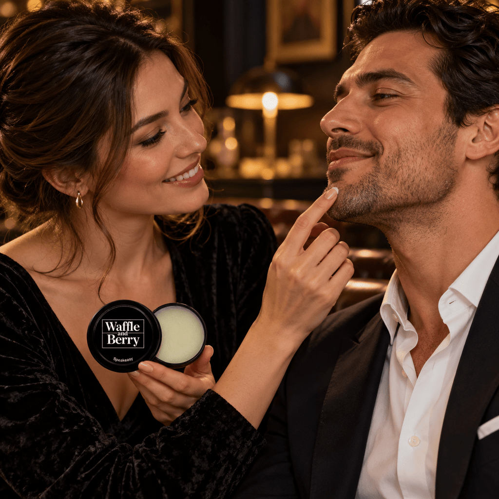 Woman applying Speakeasy solid fragrance to a smiling man's chin