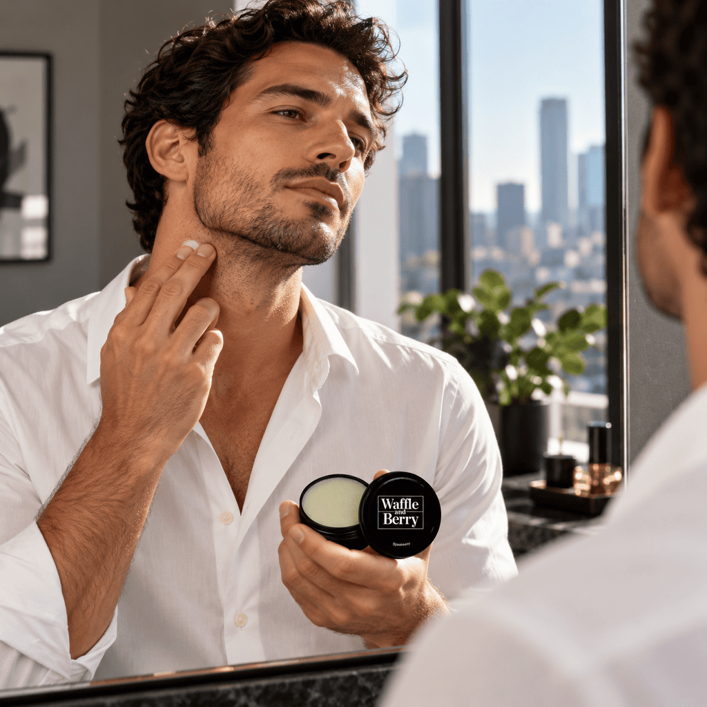 Man applying Speakeasy solid fragrance to his neck