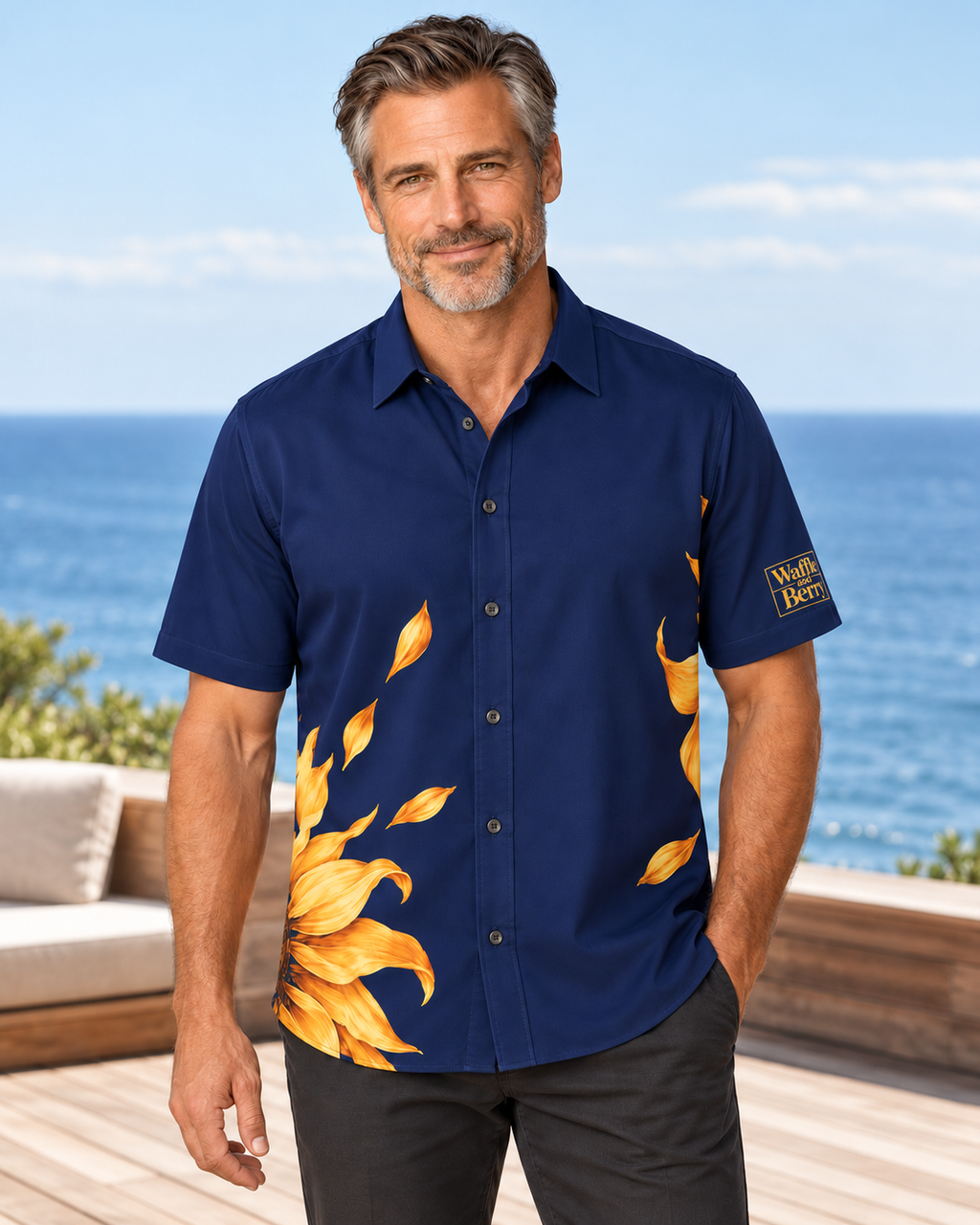 AI lifestyle illustration: Grant wearing the navy sunflower short-sleeve button-up shirt with gold boxed Waffle and Berry logo on the wearer's left sleeve.