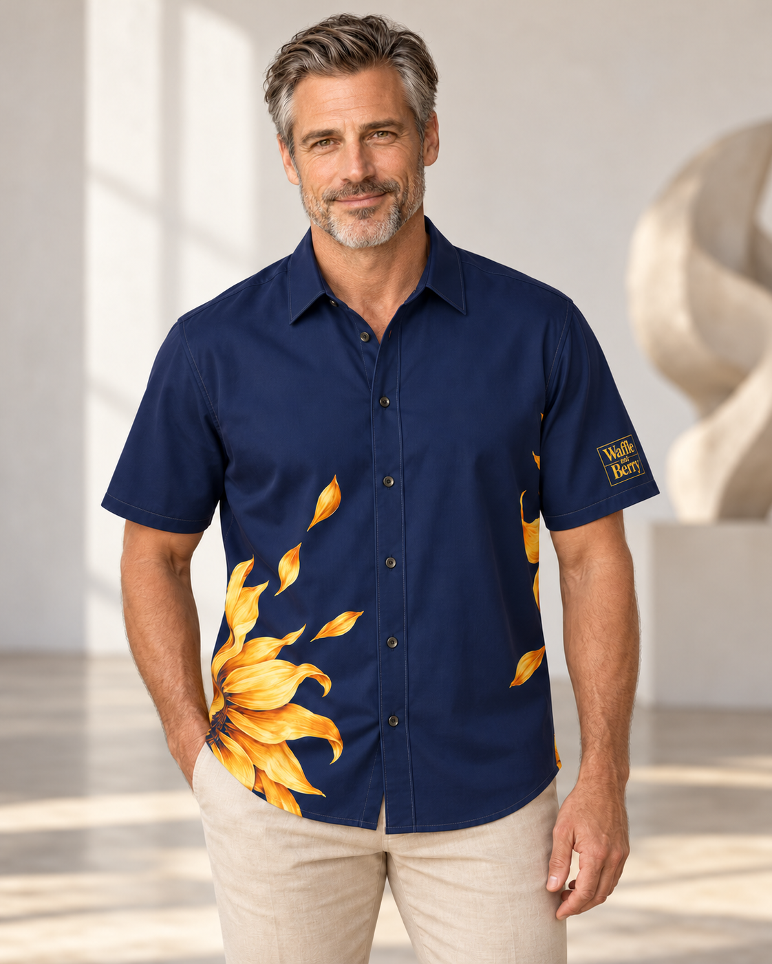 AI lifestyle illustration: Grant wearing the navy sunflower short-sleeve button-up shirt with gold boxed Waffle and Berry logo on the wearer's left sleeve.