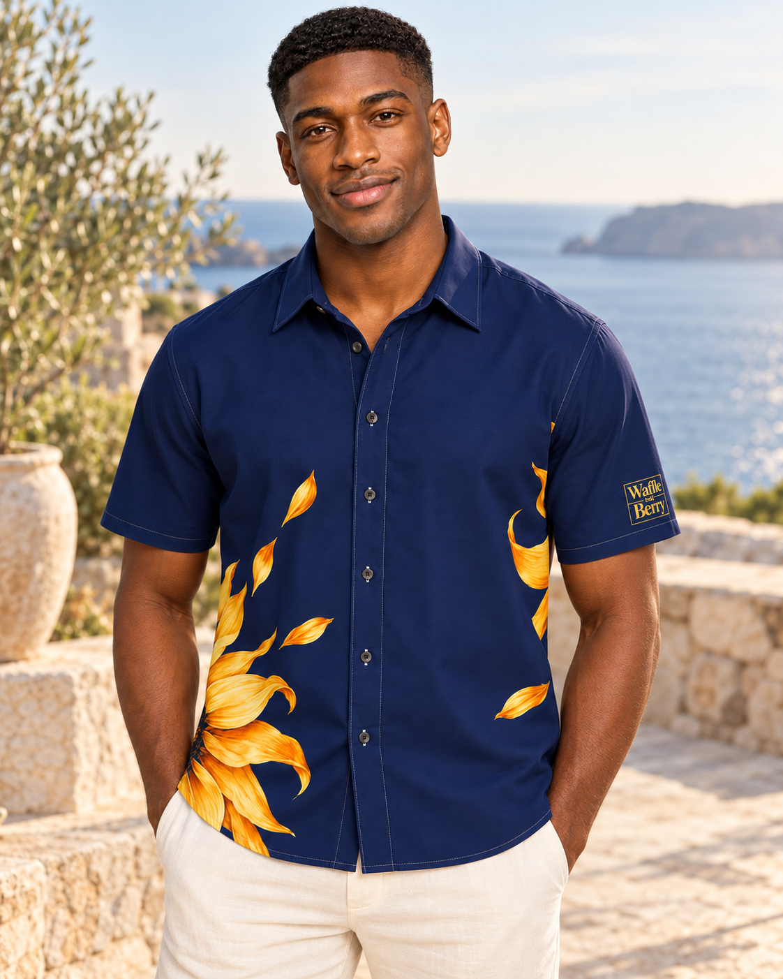 AI lifestyle illustration: Marcus wearing the navy sunflower short-sleeve button-up shirt with gold boxed Waffle and Berry logo on the wearer's left sleeve.