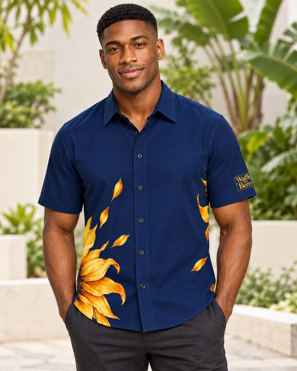 AI lifestyle illustration: Marcus wearing the navy sunflower short-sleeve button-up shirt with gold boxed Waffle and Berry logo on the wearer's left sleeve.