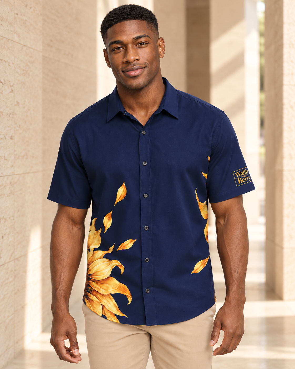 AI lifestyle illustration: Marcus wearing the navy sunflower short-sleeve button-up shirt with gold boxed Waffle and Berry logo on the wearer's left sleeve.