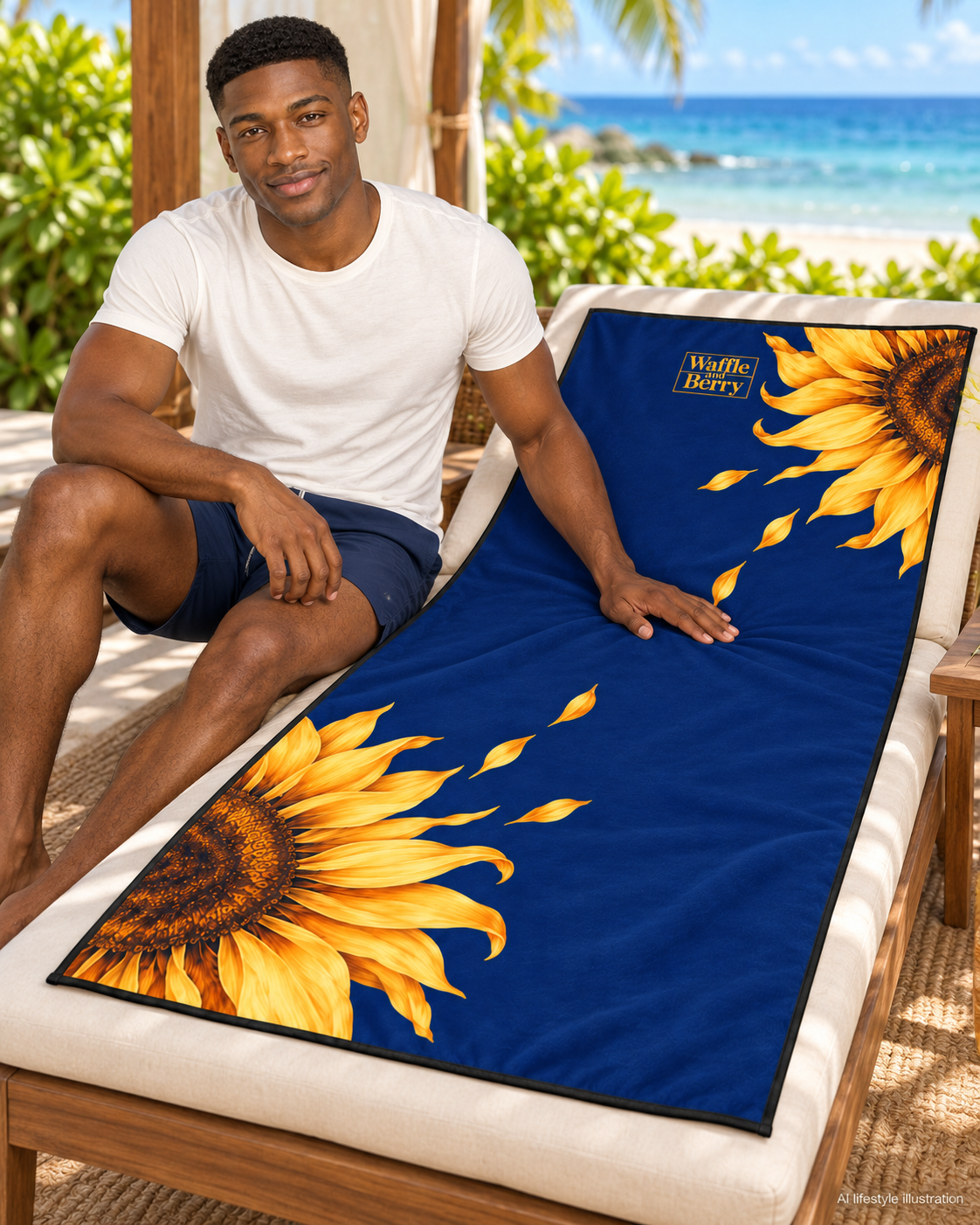 AI illustration: Marcus in a cabana with the navy Sunflower Beach Day Towel, opposite-end golden sunflowers and gold Waffle and Berry logo.
