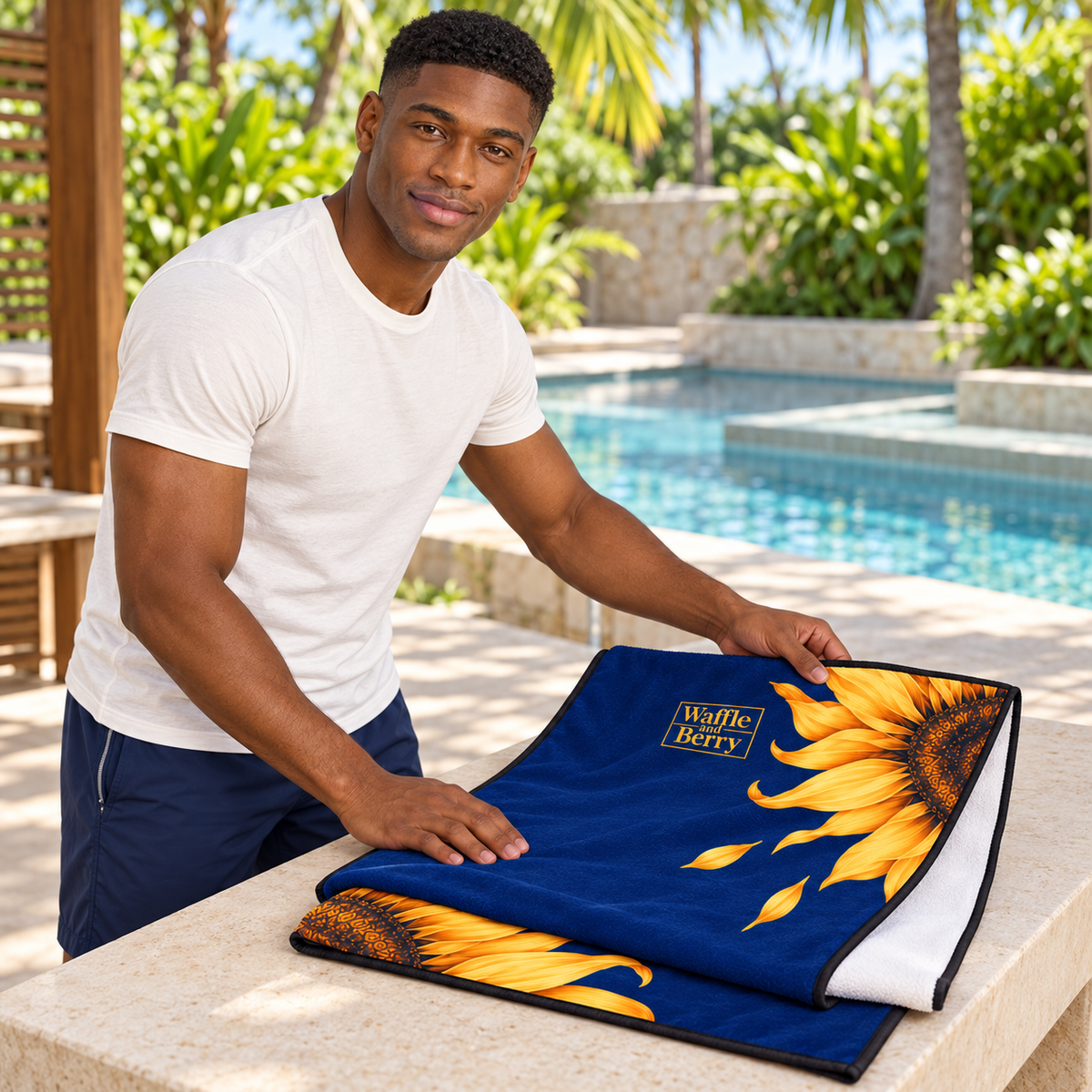 AI lifestyle illustration: Marcus folding the Sunflower Beach Day Towel, showing its navy sunflower print, gold logo and white cotton reverse.