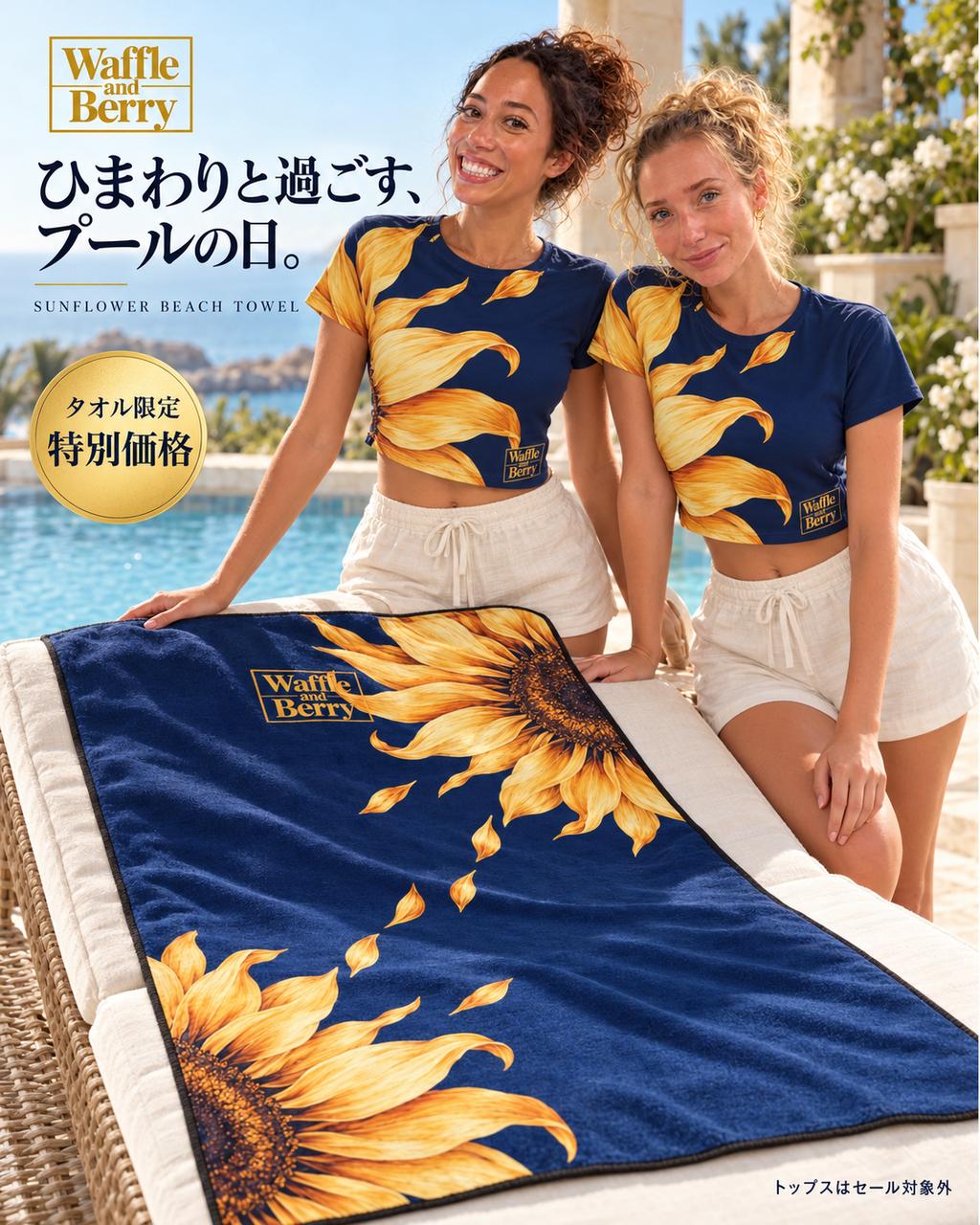 AI lifestyle illustration: Taylor and Kirsten with the navy two-flower Sunflower Beach Day Towel and gold Waffle and Berry logo; Japanese-led special-price campaign.