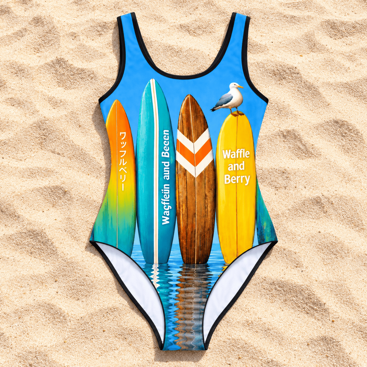 Front view of the Waffle and Berry surfboard-print one-piece swimsuit laid flat on sand