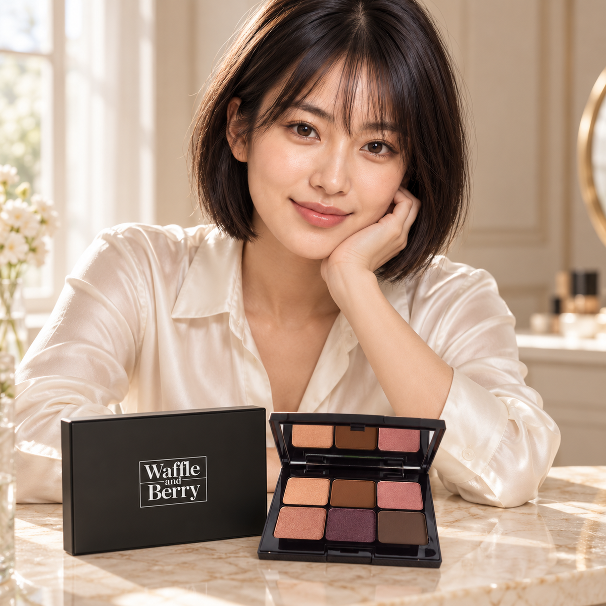 AI-generated editorial illustration of fictional model Mei with Waffle and Berry Sweet Almond eyeshadow palette; not a product-performance demonstration.
