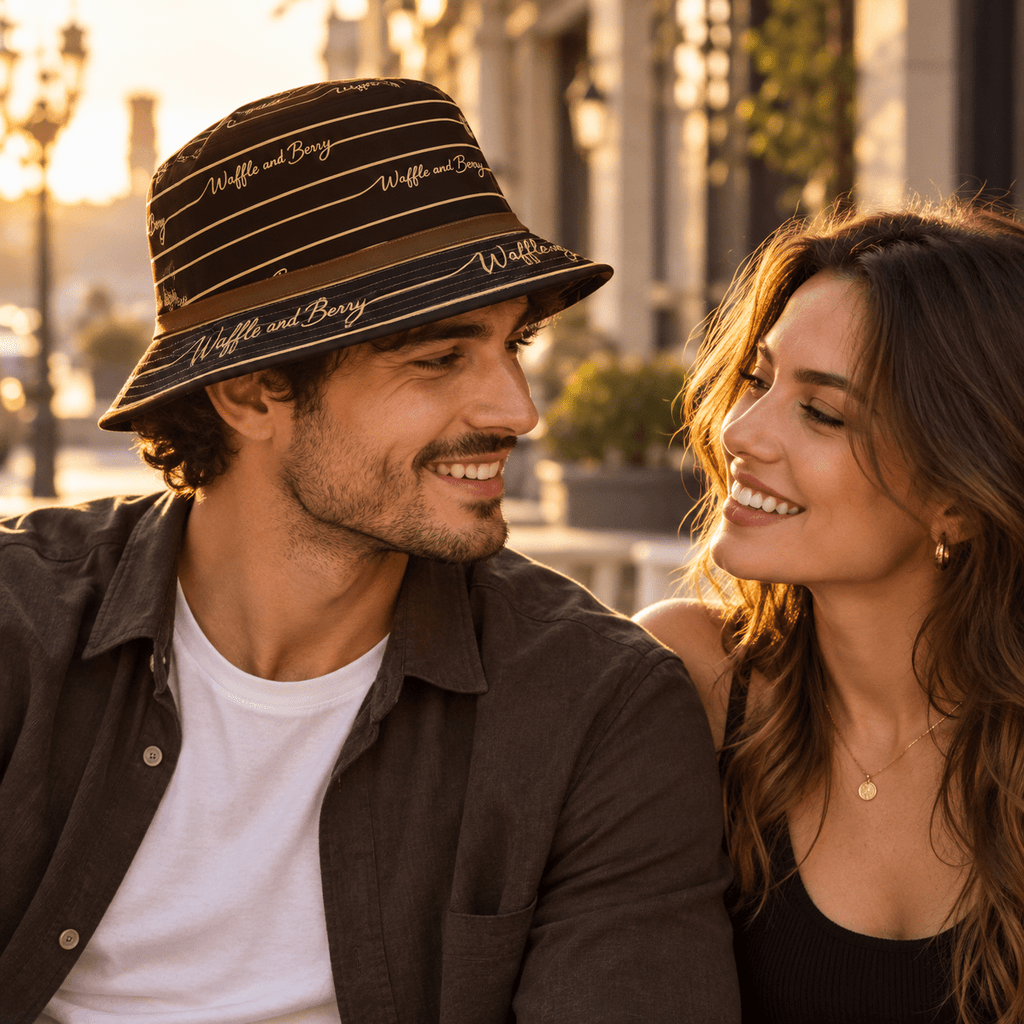 Man wearing Tan Lines bucket hat on a date, AI styled mockup