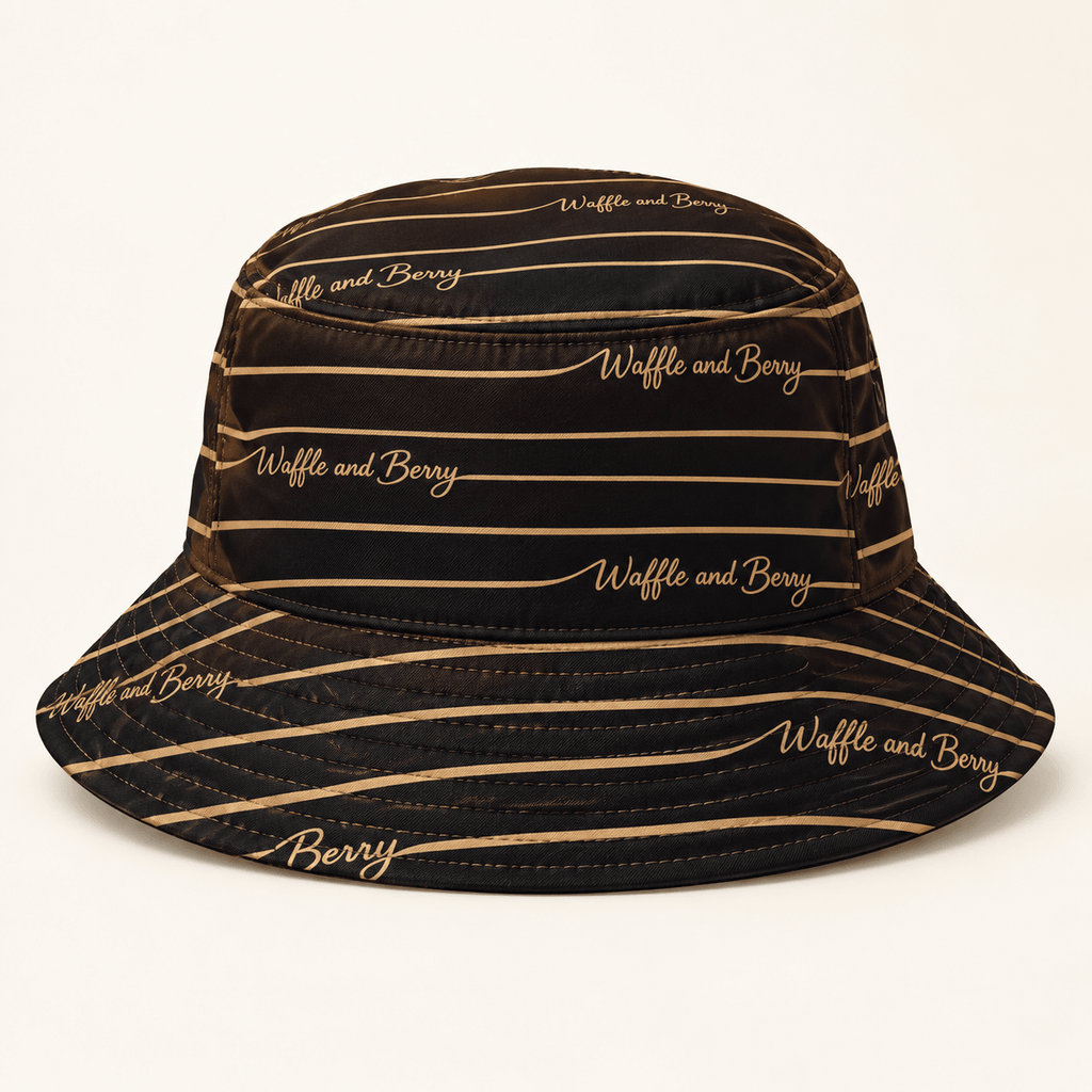 Front view of Tan Lines bucket hat with gold stripes and Waffle and Berry script, AI styled mockup