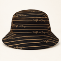 Front view of Tan Lines bucket hat with gold stripes and Waffle and Berry script, AI styled mockup