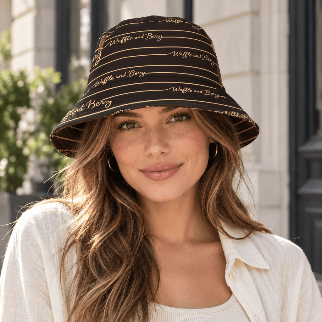 Woman wearing Tan Lines bucket hat from the front, AI styled mockup