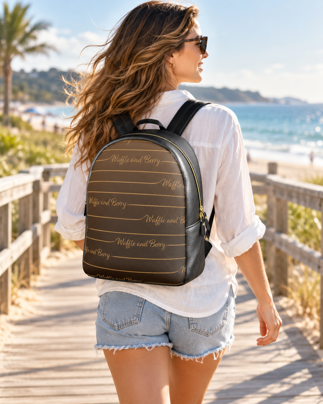 Model wearing the Tan Lines Colville Leather Backpack on a sunny beach boardwalk