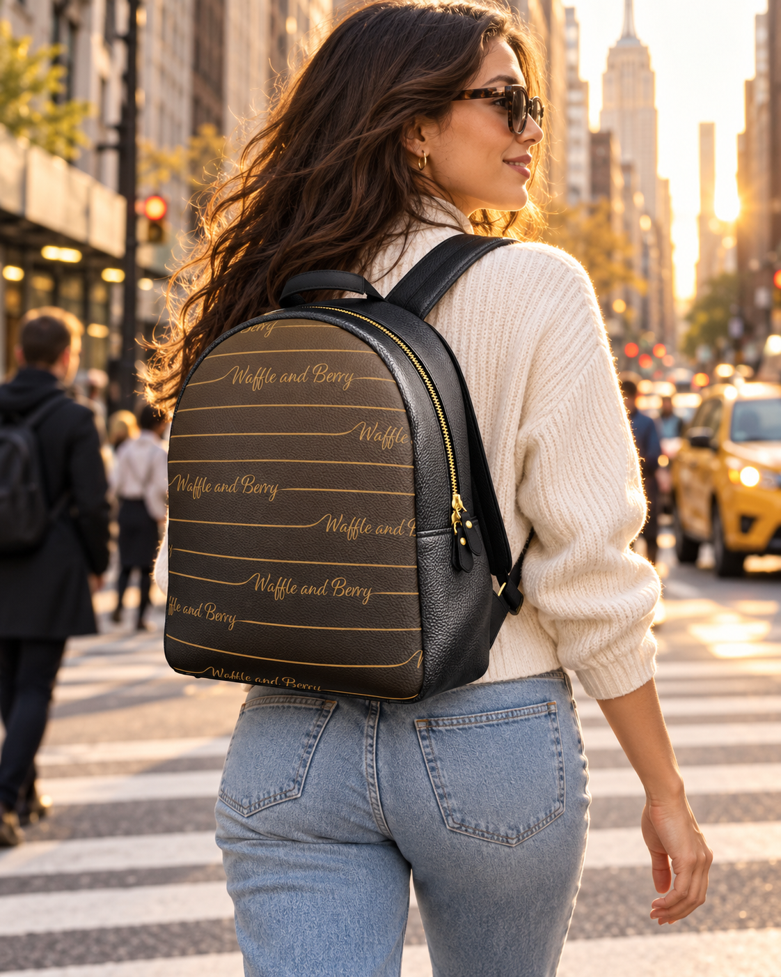 Model wearing the Tan Lines Colville Leather Backpack on a New York City street