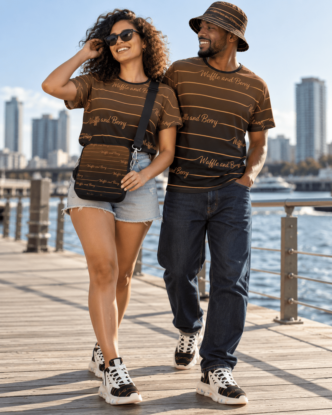 Tan Lines shoulder bag styled with matching outfits by waterfront